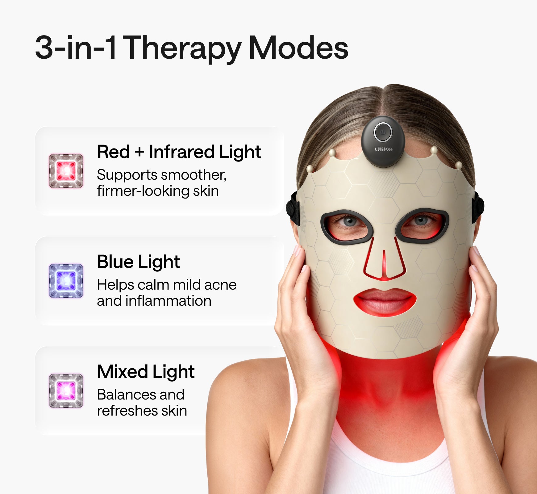 Ulike LED light therapy mask with 3-in-1 modes red infrared blue mixed light