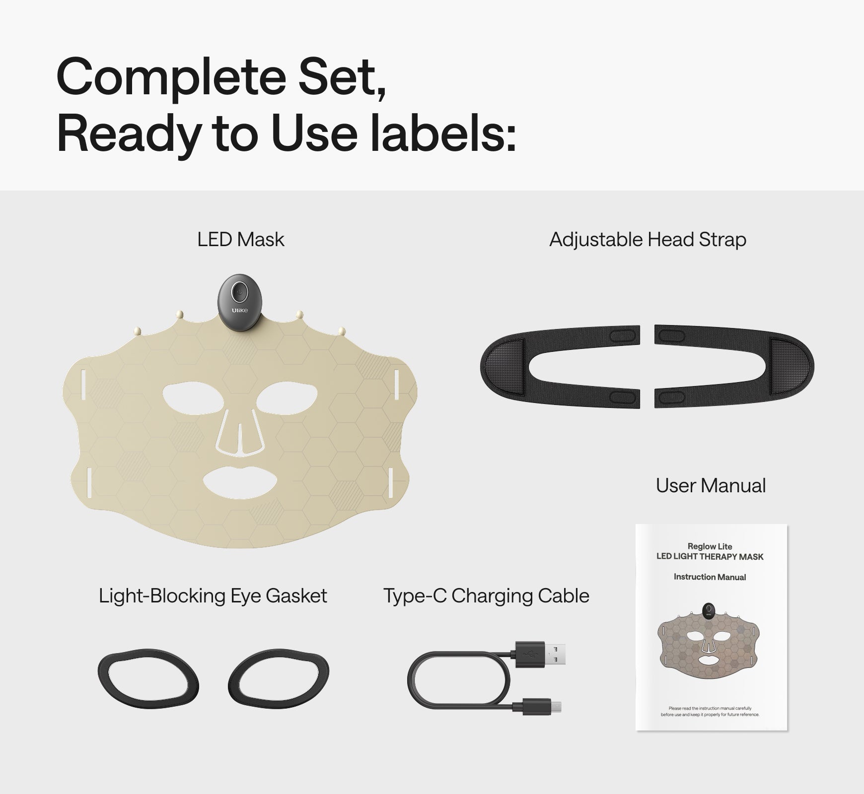 Ulike LED light therapy mask set contents adjustable head strap eye gaskets Type-C cable user manual