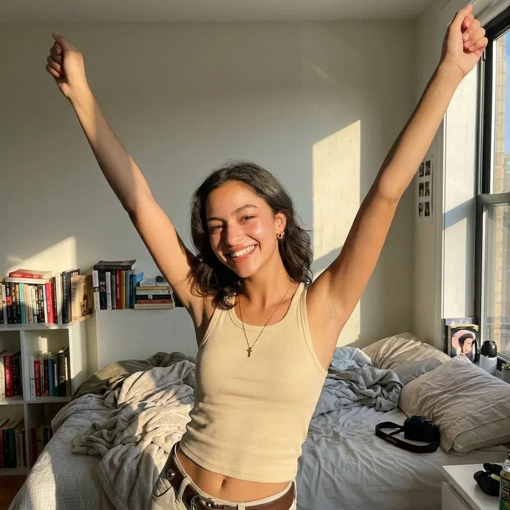 A smiling woman in a cream tank top raises both arms in a sunlit bedroom