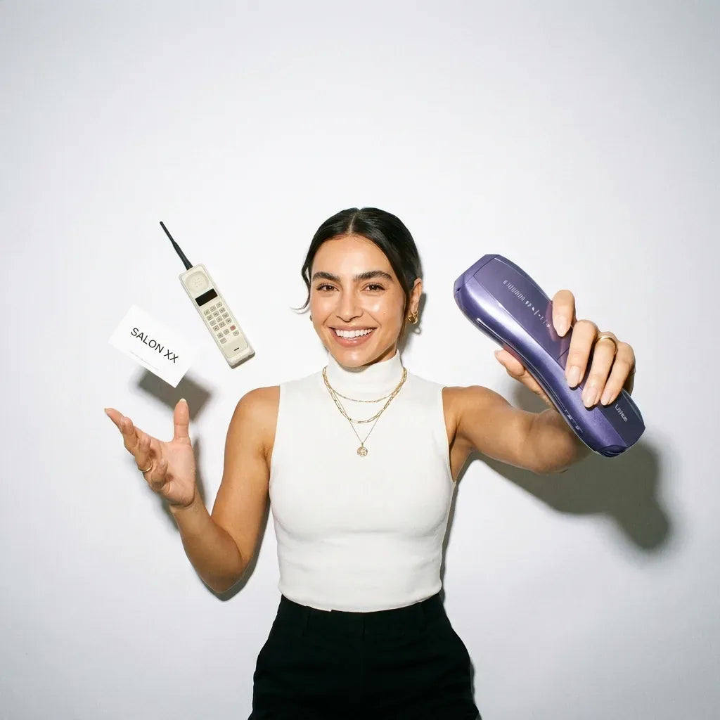 A smiling woman tosses a salon business card and an old brick phone aside while holding out the Ulike Air 10