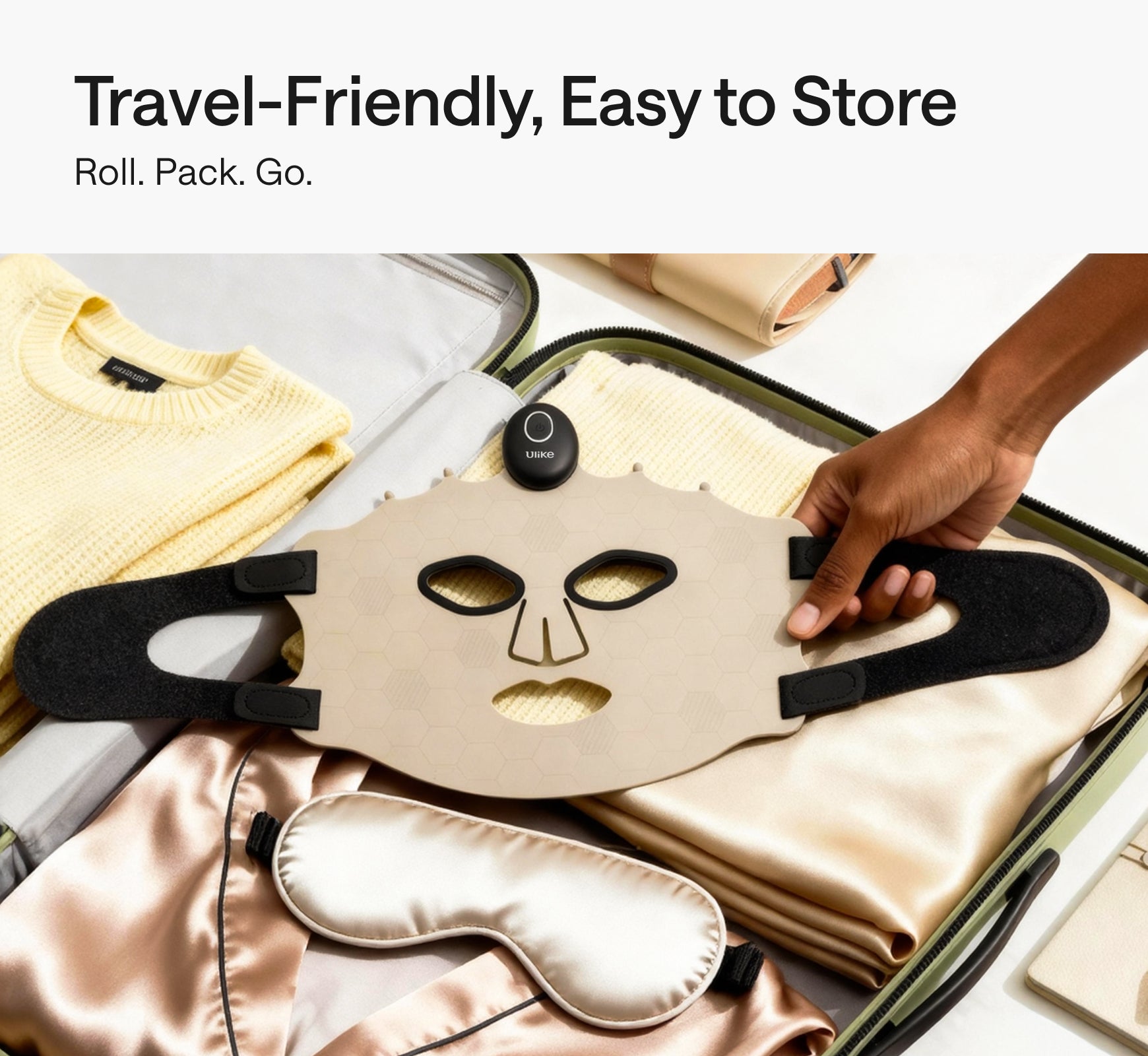 Travel-friendly Ulike LED light therapy mask easy to store and pack in a suitcase