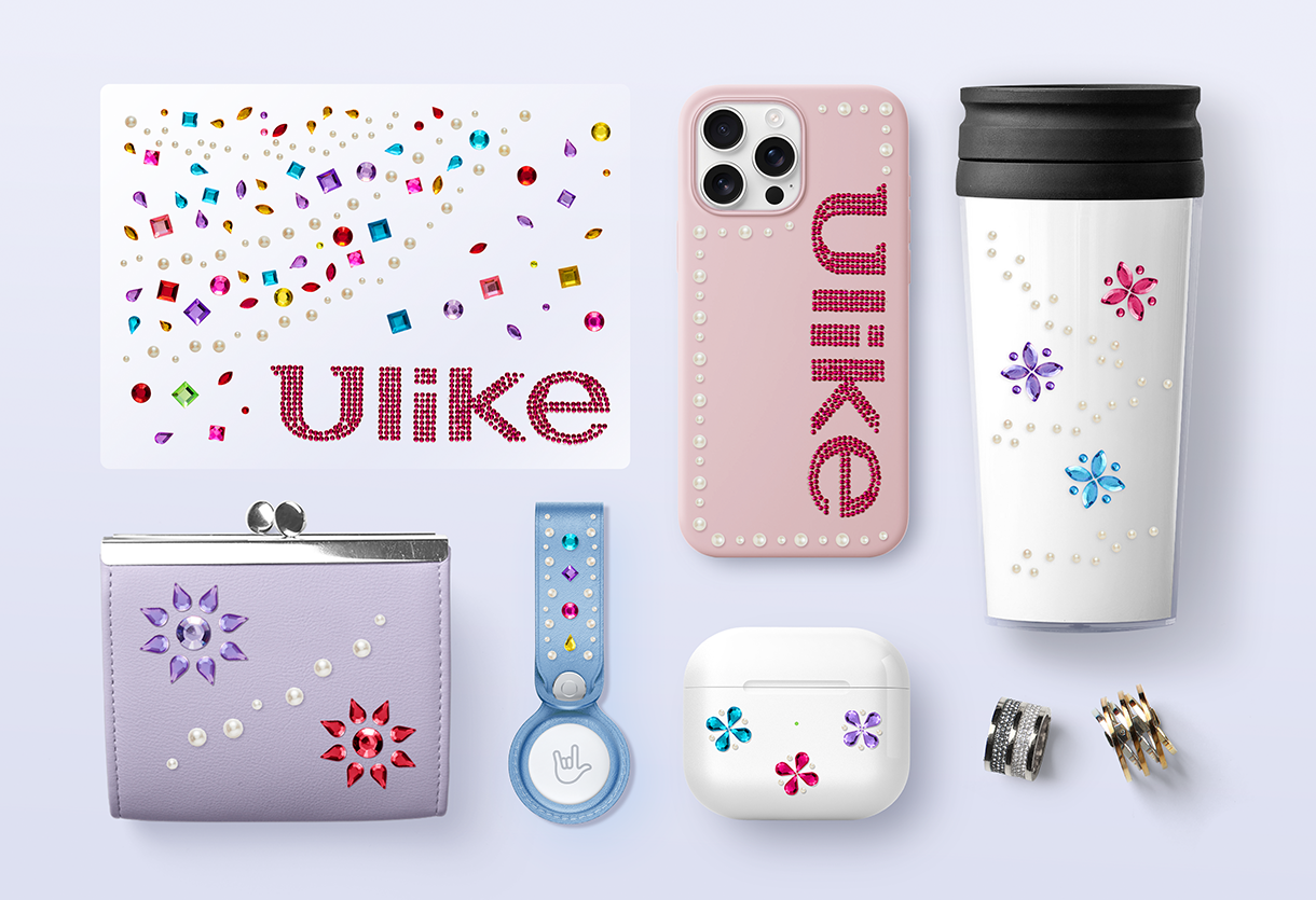Ulike branded accessories set featuring a rhinestone-decorated phone case, tumbler, wallet, AirPods case, keychain, and decorative stickers.