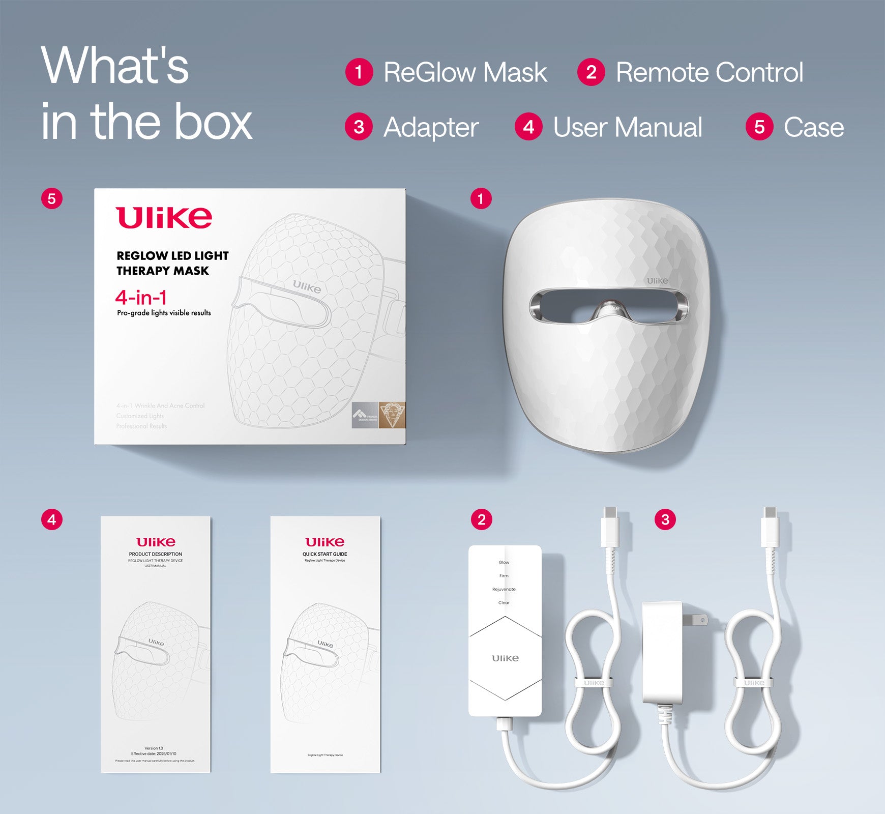 Ulike ReGlow LED light therapy mask box contents mask remote control adapter manual case