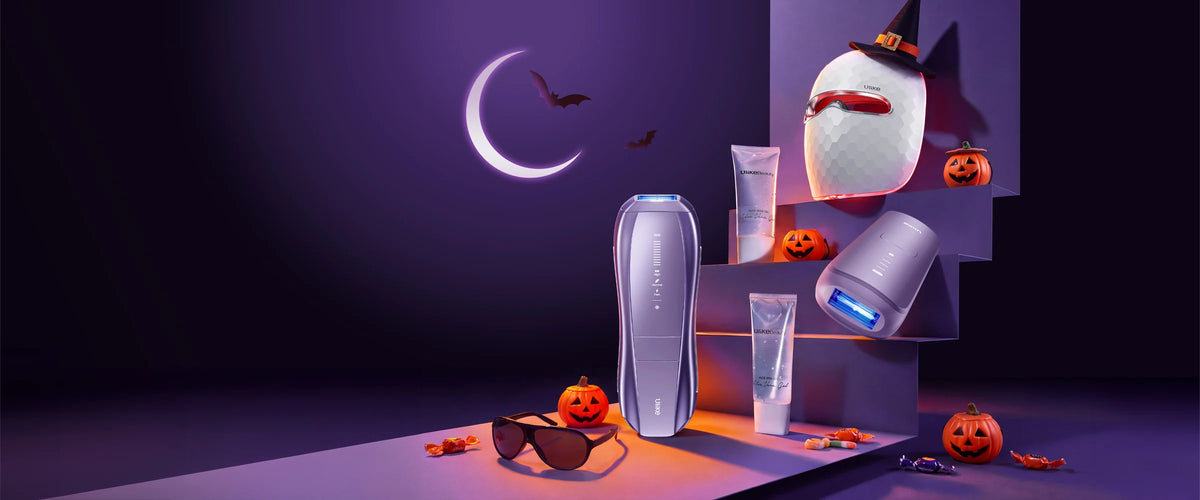 Ulike Air 10, Air 4 and ReGlow on purple steps with pumpkins, a crescent moon and Halloween treats