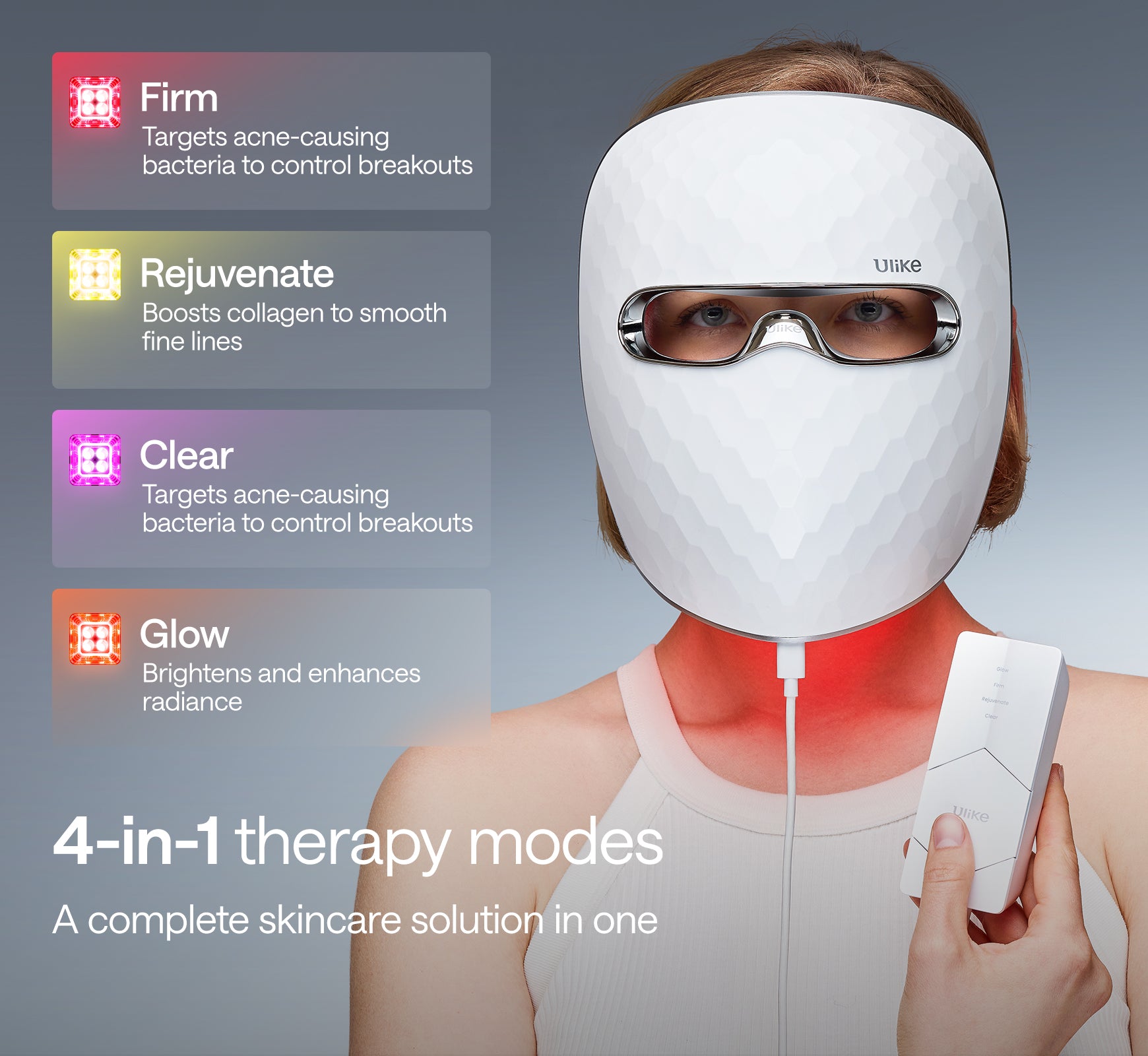 Ulike LED light therapy mask with 4-in-1 modes firm rejuvenate clear glow