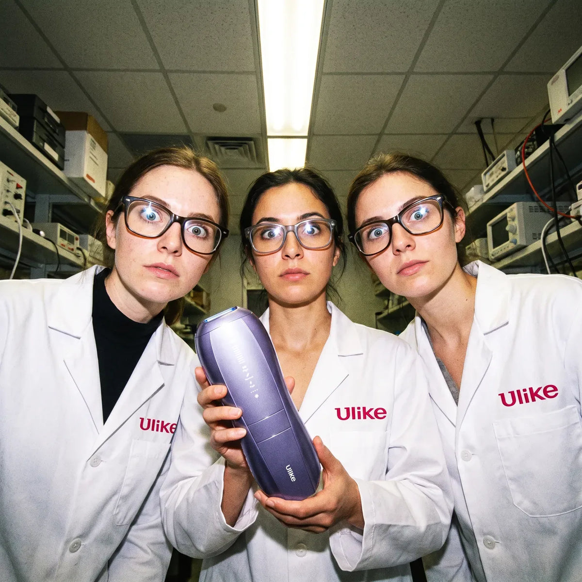 Three women in white Ulike lab coats and glasses lean in toward the camera, the middle one holding the Ulike Air 10