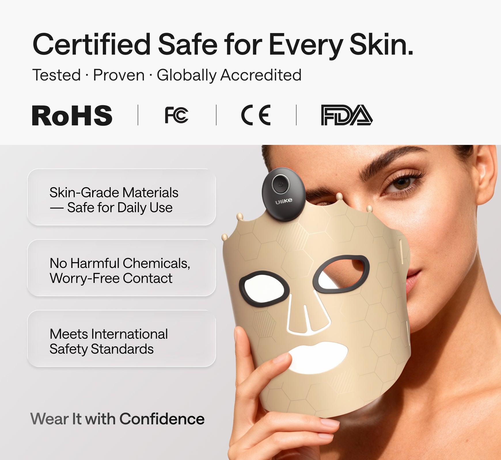 Ulike LED light therapy mask certified safe for all skin types with RoHS CE FCC FDA compliance