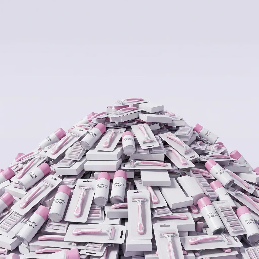 A mountain of disposable razors, refill cartridges and shaving cream cans