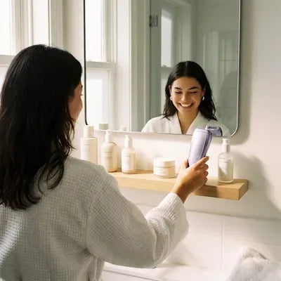 Woman in a white robe reaching for the Air 10 on a bathroom shelf