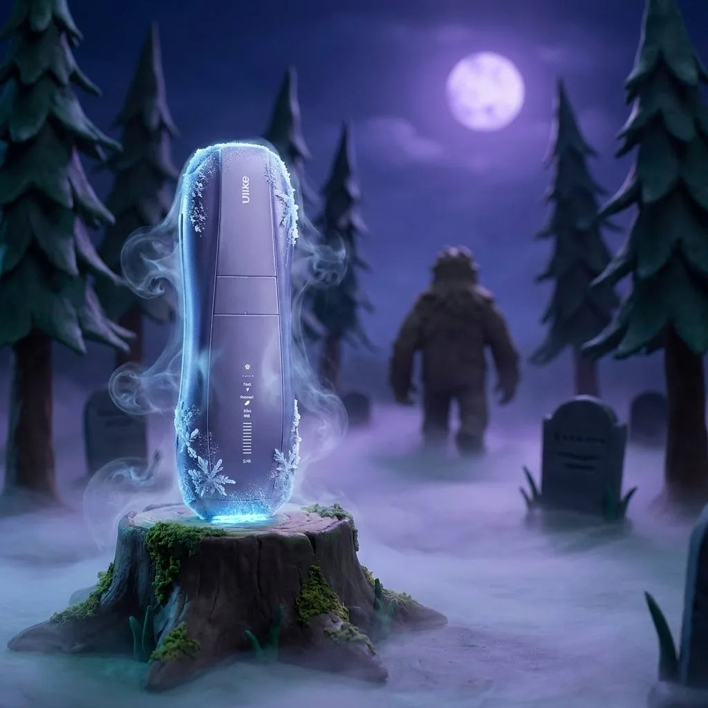 A frost-covered Ulike Air 10 glows icy blue on a mossy stump in a misty moonlit forest while a Bigfoot walks away between the trees