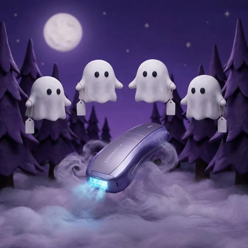 Four cute ghosts holding blank tags float above the Ulike Air 10 in a misty purple forest