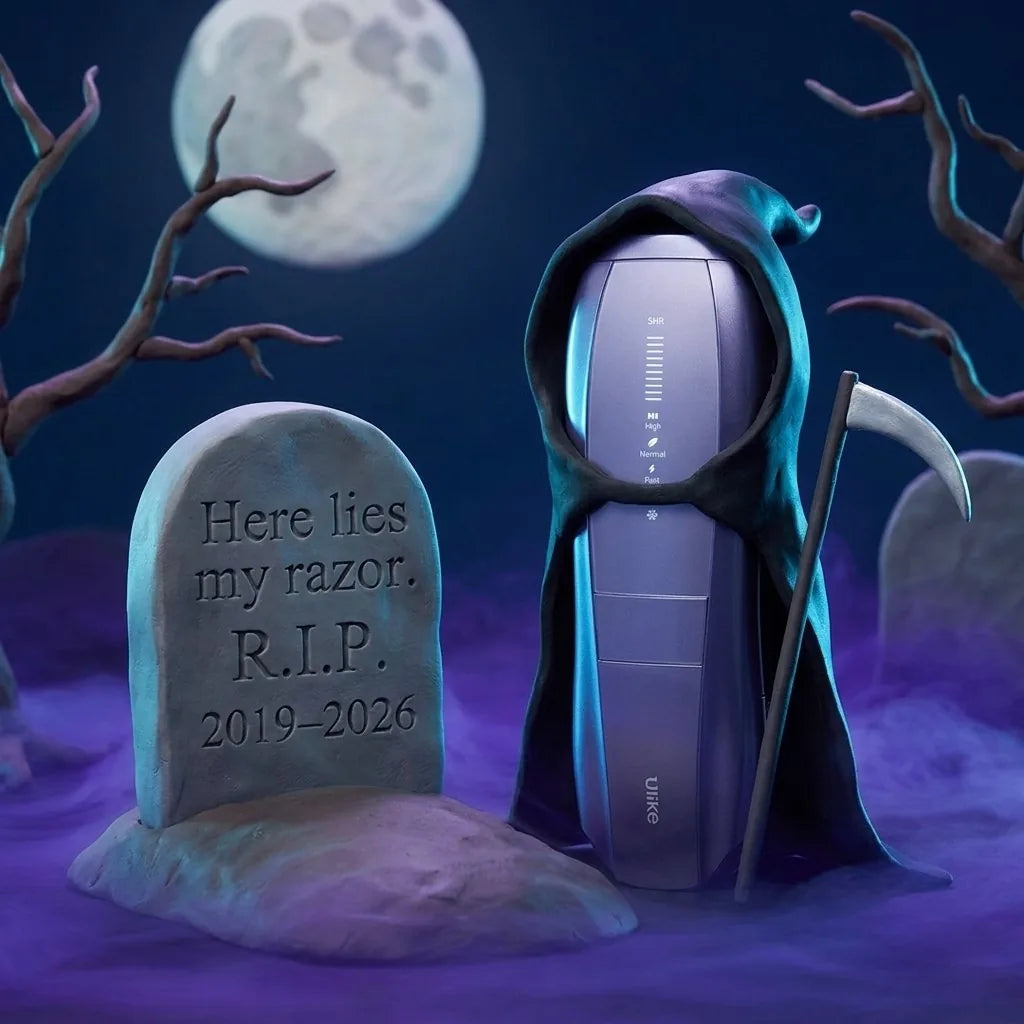 The Ulike Air 10 in a grim reaper hood holding a scythe beside a tombstone reading 'Here lies my razor. R.I.P. 2019–2026' under a full moon