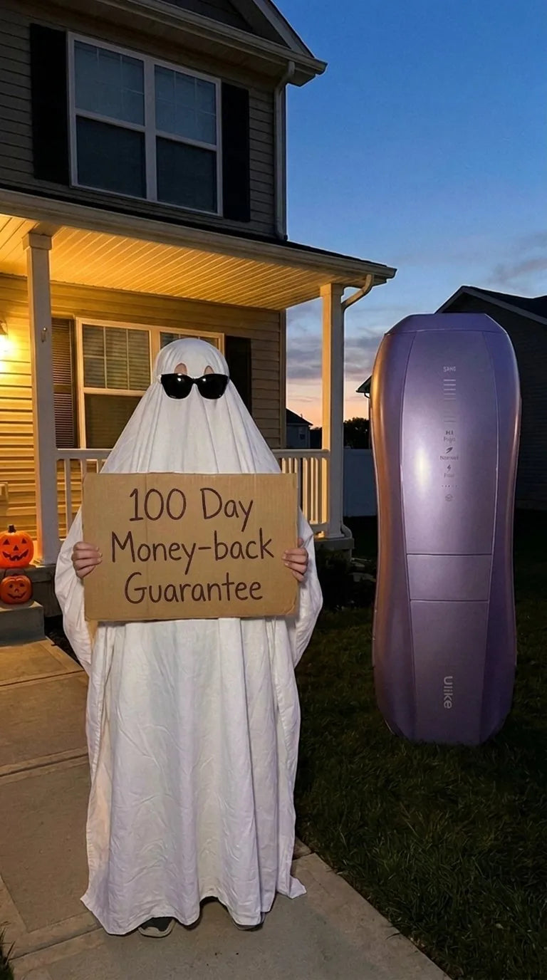 The ghost in sunglasses holds a cardboard sign reading '100 Day Money-back Guarantee' beside a giant Ulike Air 10