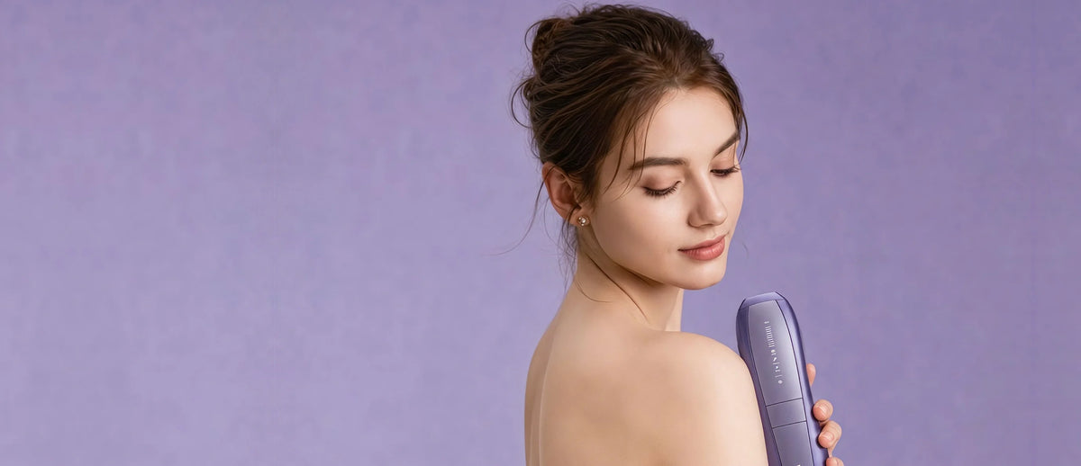 Woman holding the Ulike Air 10 against a lilac background