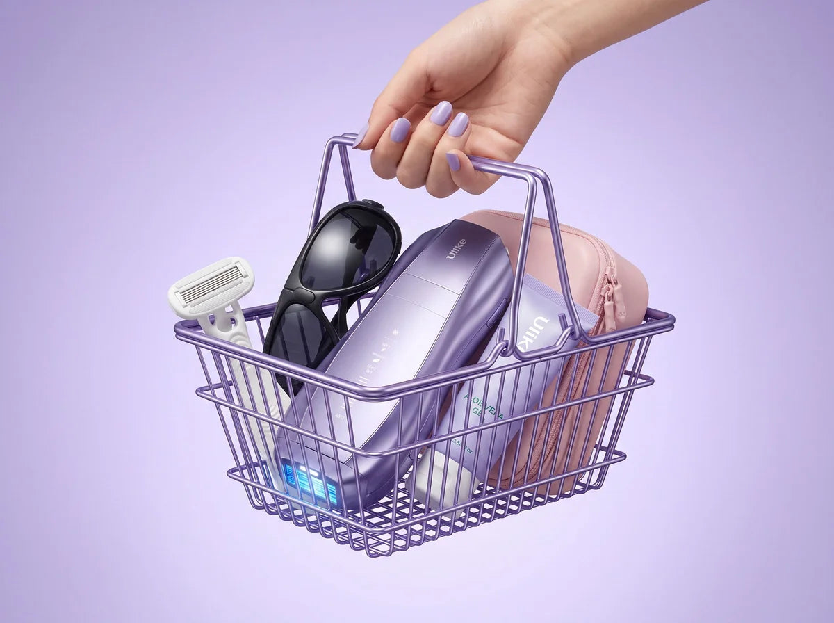 Basket holding the Air 10, goggles, razor, aloe gel and storage bag